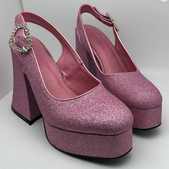 Sugar Thrillz Paradise Heart Pink Glitter Platform Heels with Heart clasp Size 7 - Picture 4 of 11